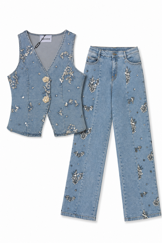 Light blue denim vest and wide leg pants set with sparkling sequin embellishment and floral button details.