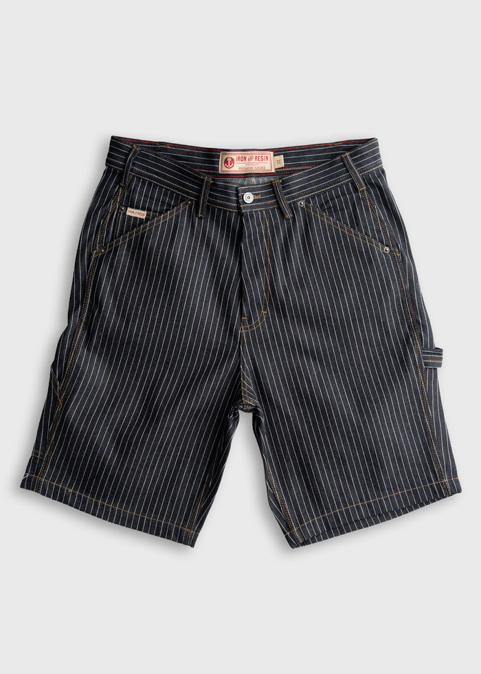 Pinstriped black shorts with multiple pockets and a branded label, displayed on a plain background.