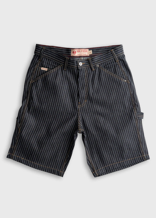 Pinstriped black shorts with multiple pockets and a branded label, displayed on a plain background.