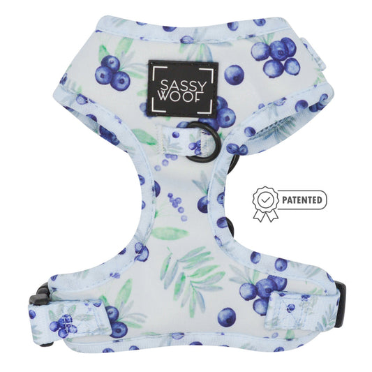 The Sassy Woof "Berry Sassy" Adjustable Dog Harness features a blueberry and green leaf pattern on a white background, comfy straps, a patented badge, and a black Sassy Woof label on the front.