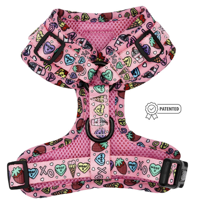 The Sassy Woof Dog Adjustable Harness - I Chews You is a pink harness for dogs, decorated with cartoon strawberries, ice cream cones, and hearts. It has black buckles, adjustable straps for a perfect fit, and a small patented side badge.