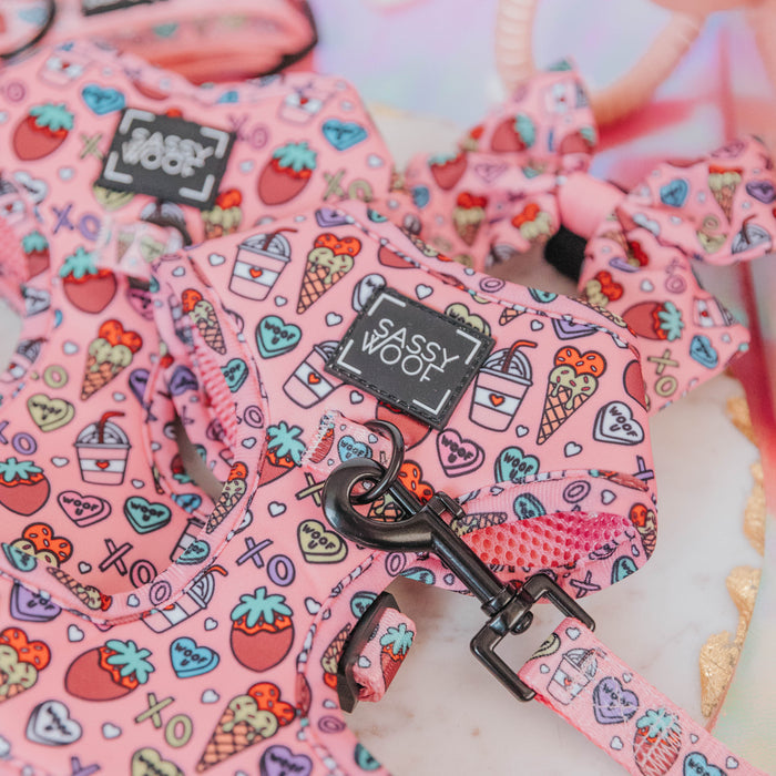 Close-up of Sassy Woof's Dog Adjustable Harness - I Chews You, plus matching pink leash and bow featuring heart, strawberry, ice cream, and boba tea patterns.