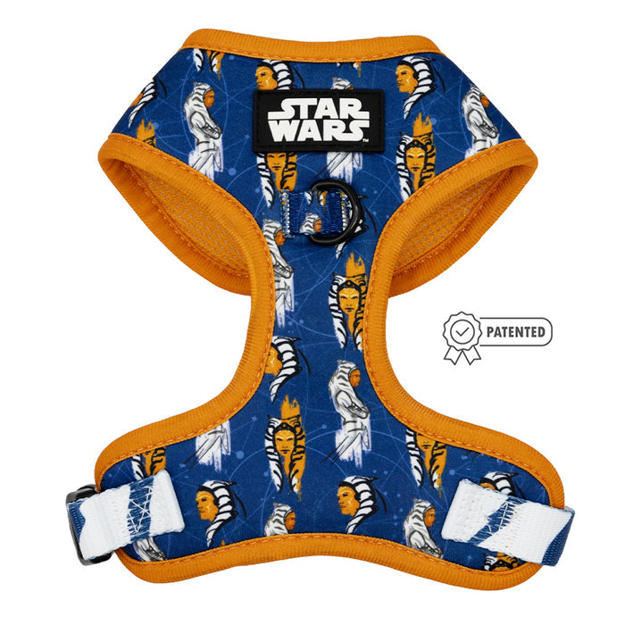 The Sassy Woof Dog Adjustable Harness - STAR WARS™ Ahsoka features a blue and orange design with white text, inspired by Ahsoka from Star Wars.