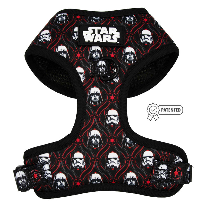 The Sassy Woof Dog Adjustable Harness – STAR WARS™ The Dark Side features a black and red design with Darth Vader and Stormtrooper helmet pattern, a Star Wars logo patch on the front, and a patented symbol on the right.
