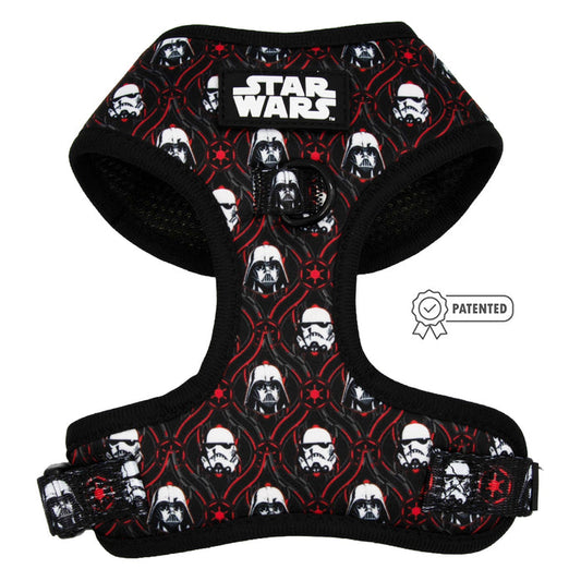 The Sassy Woof Dog Adjustable Harness – STAR WARS™ The Dark Side features a black and red design with Darth Vader and Stormtrooper helmet pattern, a Star Wars logo patch on the front, and a patented symbol on the right.