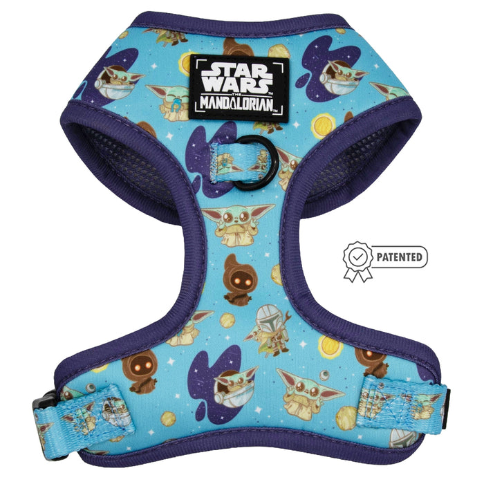 The Sassy Woof Dog Adjustable Harness - STAR WARS™ The Mandalorian™ features a blue and purple design with cartoon Grogu and characters, a no-pull fit, Mandalorian patch, and patented symbol.