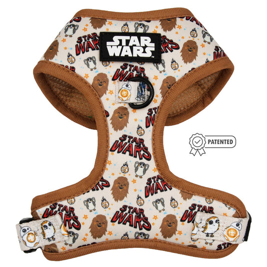 The Sassy Woof Dog Adjustable Harness – STAR WARS™ The Rebel Alliance features brown trim, a white background with Chewbacca, Porgs, stars, and the Star Wars logo. Includes a PATENTED badge.