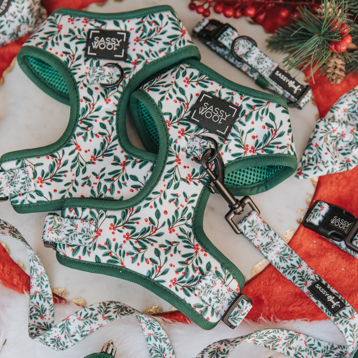 Sassy Woof's "Under the Mistletoe" adjustable harness, plus matching collars and leashes, feature a festive holly and berry pattern with green trim and red hearts, arranged with holiday décor on a white surface.