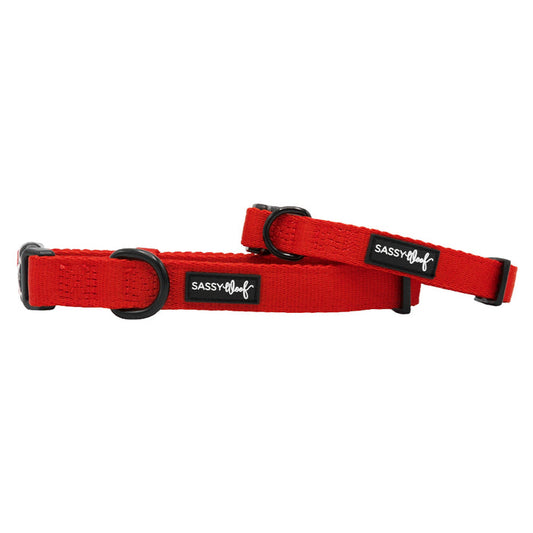 Two Sassy Woof Dog Collars in Neon Red with black hardware, shown on a white background. One adjustable neoprene collar is laid flat while the other is slightly raised and stacked above it.