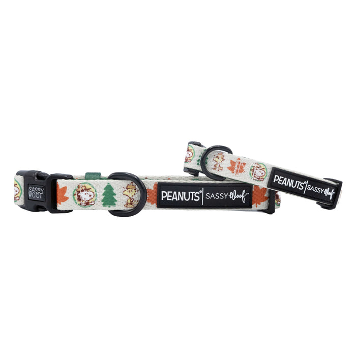 The Sassy Woof Dog Collar - Peanuts™ Beagle Scouts features autumn-themed Snoopy and Woodstock illustrations with leaves and acorns on a cream-colored background.