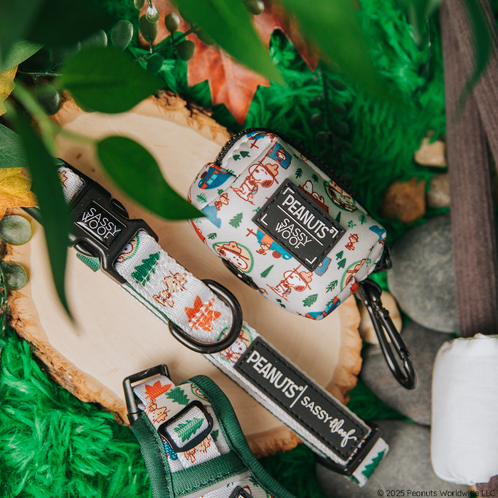The Sassy Woof Dog Collar - Peanuts™ Beagle Scouts, along with a matching leash and waste bag holder, sit on a wood slice amid leaves and grass, featuring Peanuts and forest designs with Sassy Woof branding.