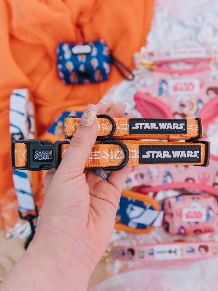 A hand with glittery nails holds two orange Sassy Woof Dog Collar - STAR WARS™ Ahsoka, surrounded by colorful dog accessories and patterned bags—a vibrant display of adjustable collar style.