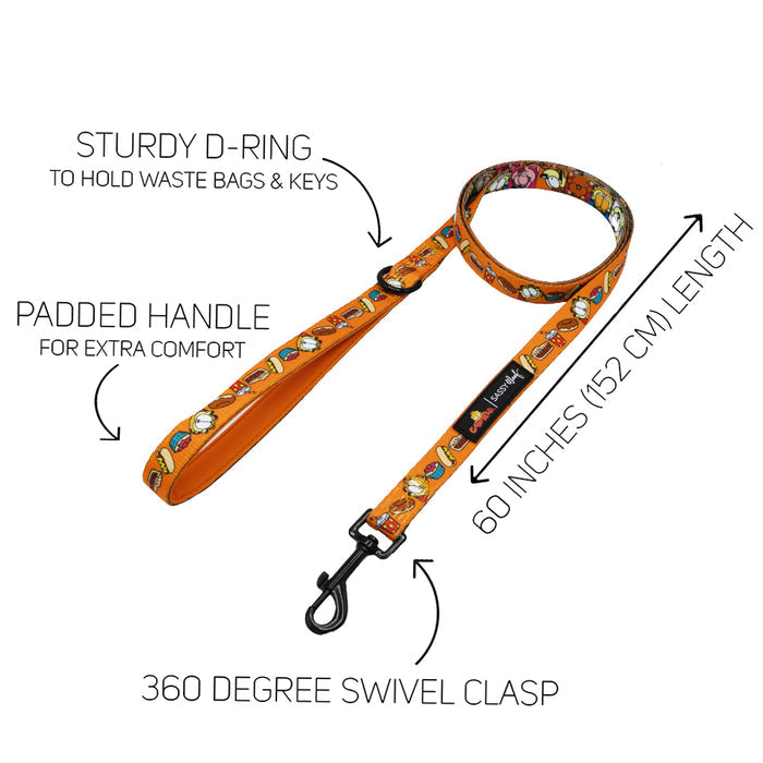 Sure! Here’s your revised sentence using the product data: The Sassy Woof Dog Collar Three Piece Bundle – Garfield™ features an orange leash with a playful cartoon design from our official Garfield pet accessories collection. Key features include a sturdy D-ring for waste bags and keys, a padded handle for comfort, 60-inch (152 cm) length, and a 360-degree swivel clasp for easy attachment.