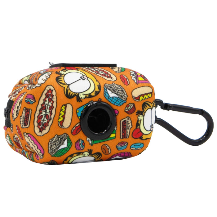 Orange bag with cartoon cat faces, hot dogs, pizzas, and cupcakes printed on it. It features a black dispenser hole and a convenient clip for attaching to other items—perfect for pairing with your Dog Collar Three Piece Bundle - Garfield™ by Sassy Woof or other Garfield pet accessories.