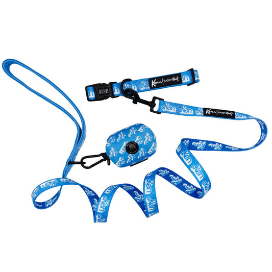 Sassy Woof Dog Collar Three Piece Bundle - KEN™ featuring a blue leash, collar, and waste bag holder with white Ken logos and patterns, displayed on a white background.