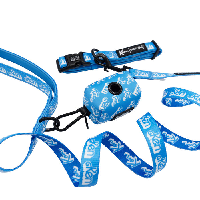 Sassy Woof Dog Collar Three Piece Bundle - KEN™ featuring a blue leash, collar, and waste bag holder with white KEN™ text and black clasps, displayed on a white background.