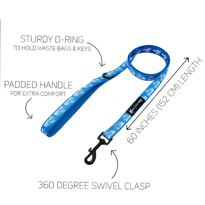 Blue Sassy Woof KEN™ leash from the Dog Collar Three Piece Bundle features a padded handle, sturdy D-ring for attaching a KEN™ waste bag holder or keys, 360-degree swivel clasp, and measures 60 inches (152 cm) long. Each feature is labeled in white text on a white background.