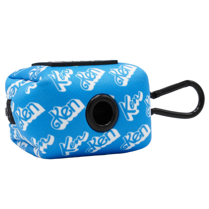 A blue fabric pouch featuring white Ken logos, a black plastic clip, and a round opening—this waste bag holder from the Dog Collar Three Piece Bundle - KEN™ by Sassy Woof is designed for convenience, easily attaching to your KEN™ leash or your pet’s KEN™ collar.