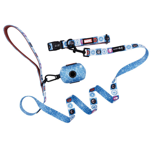 Sassy Woof’s Dog Collar Three Piece Bundle – Marvel’s Spider-Man includes a blue collar, matching leash, and waste bag holder all adorned with iconic superhero symbols and web designs. Featuring adjustable clips for comfort, this stylish set is perfect for fans looking for fashionable Marvel dog accessories inspired by Spider-Man.