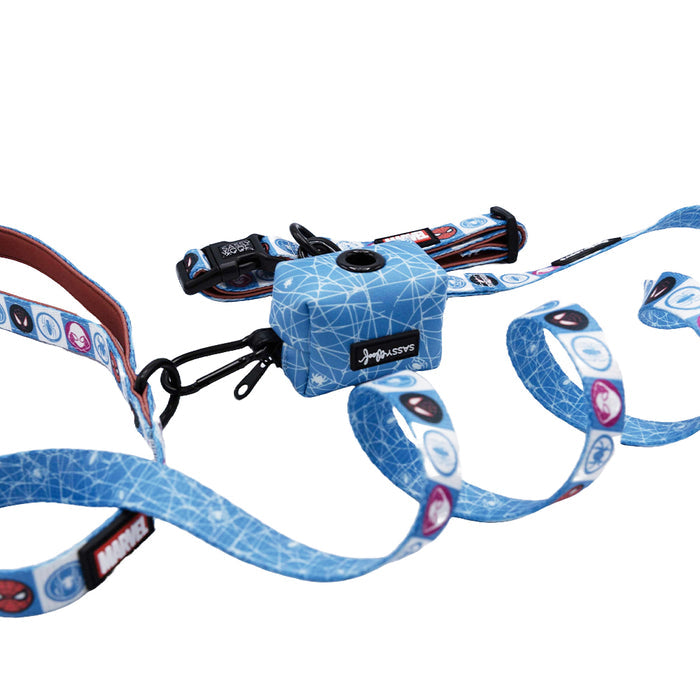 Sassy Woof Dog Collar Three Piece Bundle – Marvel’s Spider-Man features a blue leash and collar set adorned with superhero icons, a black clip, and a matching dispenser pouch—all set against a white background—an ideal pick for fans of Marvel pet accessories and Sassy Woof Spider-Man leash designs.