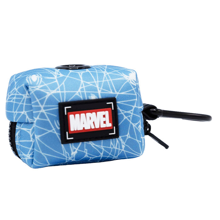 A small blue pouch featuring a white spiderweb pattern, a Marvel logo patch on the front, and a black clip on the side—perfectly designed to pair with your Sassy Woof Dog Collar Three Piece Bundle - Marvel’s Spider-Man or other Marvel pet accessories.
