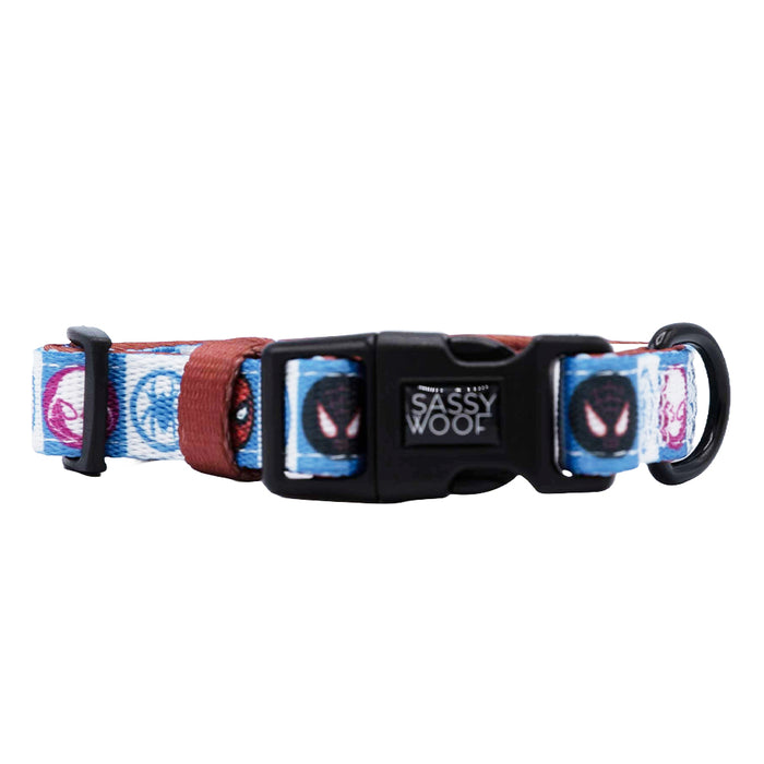 A blue and brown dog collar from the Sassy Woof Dog Collar Three Piece Bundle – Marvel’s Spider-Man, featuring cartoon faces, a black plastic buckle labeled “Sassy Woof,” and a black D-ring for attaching a leash. Inspired by Marvel Spider-Man dog collar designs.