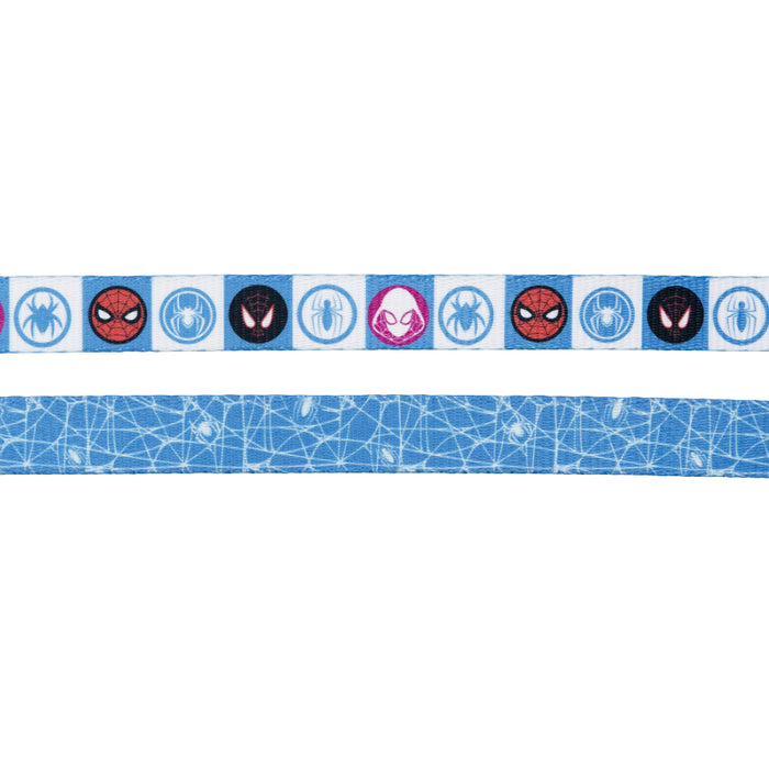 Upgrade your pet’s style with the Sassy Woof Dog Collar Three Piece Bundle – Marvel’s Spider-Man: This bundle includes two blue ribbons—one adorned with repeating Spider-Man icons and spider symbols in circles, ideal for fans of Marvel Spider-Man dog collars or other Marvel pet accessories from Sassy Woof, and the other featuring a blue background decorated with a playful white web and dot pattern.