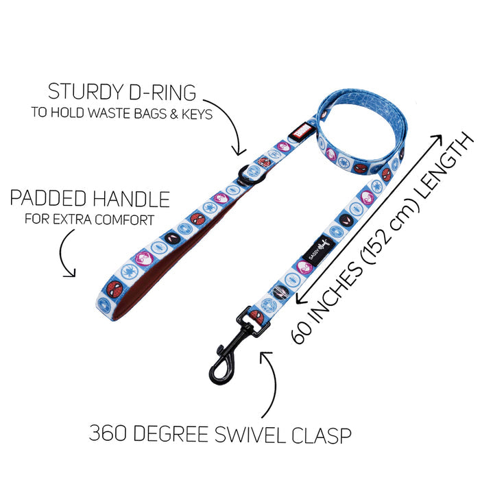 Featuring a stylish blue patterned design, this Dog Collar Three Piece Bundle from Sassy Woof’s Marvel Spider-Man collection includes a dog leash with a padded handle, sturdy D-ring, and 360-degree swivel clasp. With a convenient 60-inch (152 cm) length, it's the perfect accessory for fans seeking coordinated and fashionable Marvel pet products.