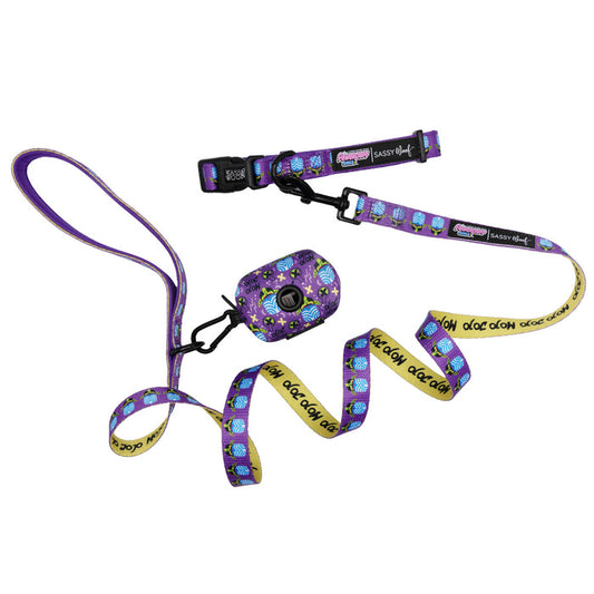 The Sassy Woof Dog Collar Three Piece Bundle - Mojo Jojo™ is a vibrant purple and yellow dog leash, collar, and poop bag holder set featuring a cartoon monster pattern on a white background—perfect for fans of playful styles and Powerpuff Girls pet accessories.