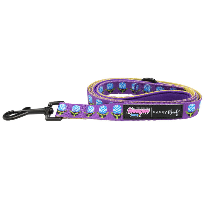 A purple dog collar from the Mojo Jojo™ Dog Collar Three Piece Bundle by Sassy Woof features blue and green patterns, a black metal clasp, and Powerpuff Girls and Sassy Woof labels—making it a must-have for fans of playful, vibrant pet accessories.