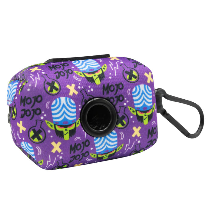 Introducing the Sassy Woof Dog Collar Three Piece Bundle - Mojo Jojo™: a vibrant purple bag with a black clip, decorated with playful cartoon faces, "Mojo Jojo" text, and bold yellow and green symbols. Designed to pair perfectly with your favorite Powerpuff Girls pet accessories, this bag also includes a convenient black circular opening on one side.