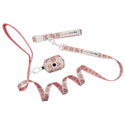 The Sassy Woof Dog Collar Three Piece Bundle - My Melody™ features a pink leash set adorned with cartoon paw prints and flowers, inspired by the beloved My Melody collection. This adorable bundle includes a leash, an adjustable collar, and a matching waste bag holder with dispenser, all displayed on a white background. Perfect for Sanrio fans looking for a cute and coordinated accessory set for their furry companion.