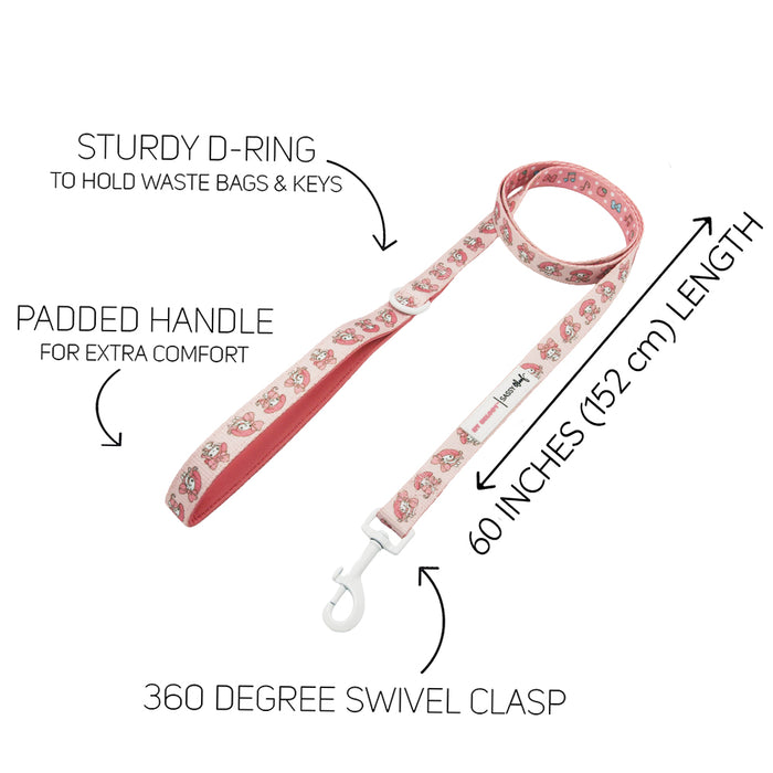 Elevate your daily walks with the Dog Collar Three Piece Bundle - My Melody™ from Sassy Woof. Inspired by Sanrio’s sweet designs, this pink leash features an adorable floral pattern, a padded handle for added comfort, a sturdy D-ring for attaching bags or keys, and a 360-degree swivel clasp to prevent tangling. With a length of 60 inches (152 cm), it’s perfect for pets who love to explore.
