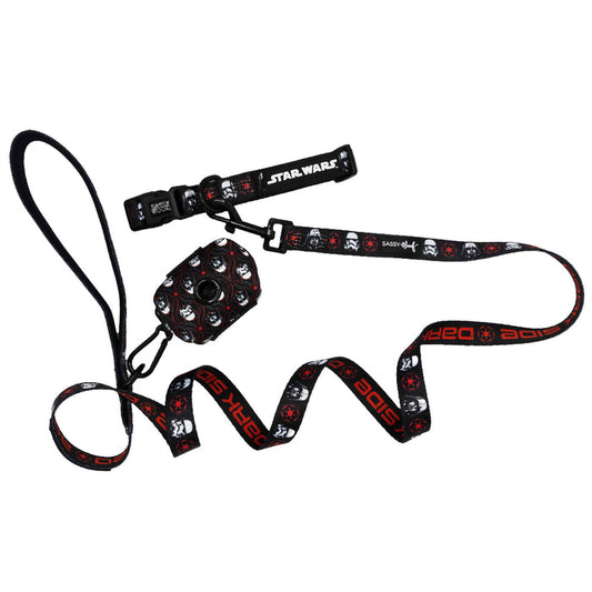 Introducing the Dog Collar Three Piece Bundle - STAR WARS™ The Dark Side by Sassy Woof. This set features a black leash, harness, and collar adorned with various character faces and symbols from the Dark Side in striking red, white, and black accents on the straps and harness. Perfect for completing your look with a coordinated ensemble for devoted Star Wars fans.