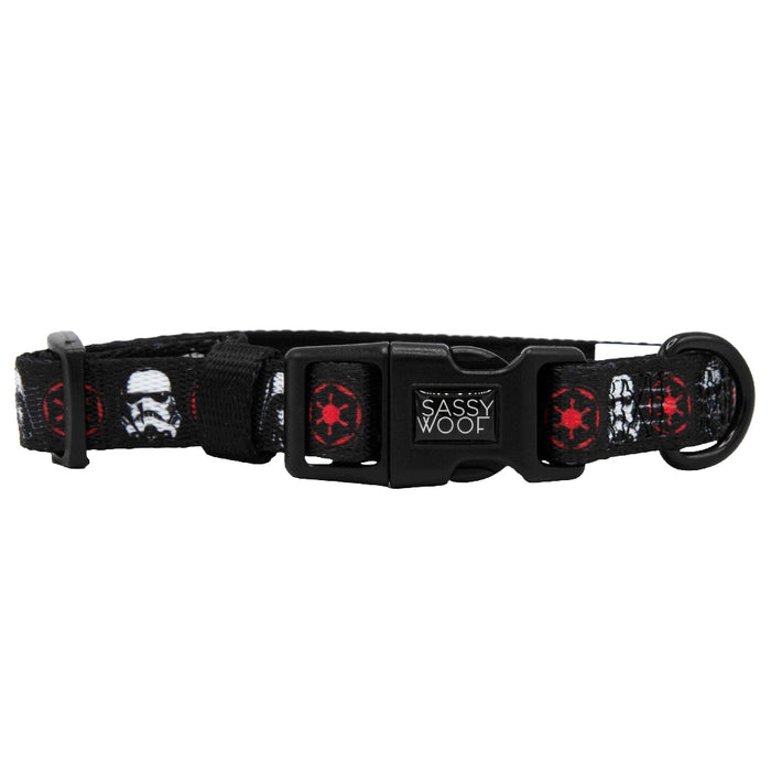Outfit your pup with the Dog Collar Three Piece Bundle - STAR WARS™ The Dark Side by Sassy Woof, featuring a black collar accented with repeating white Stormtrooper helmets and red Imperial symbols on the strap, plus a signature Sassy Woof clasp. Complete the ultimate galactic look for any Star Wars fan by pairing it with the matching leash and accessories included in this bundle.