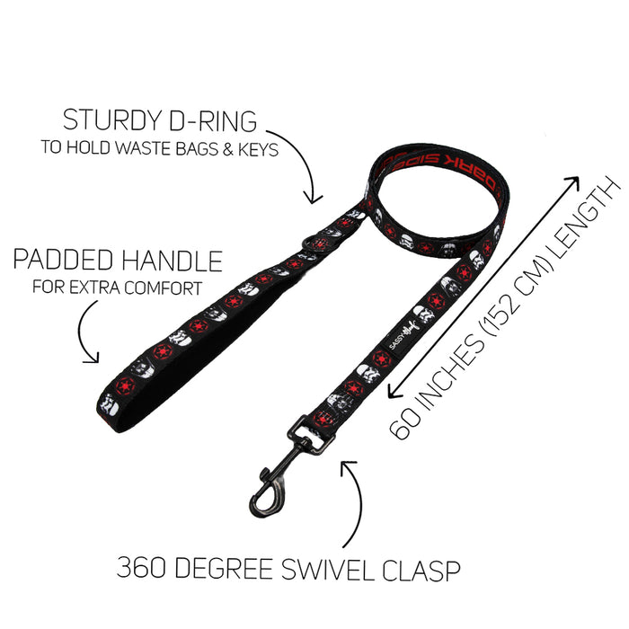 Sassy Woof’s Dog Collar Three Piece Bundle – STAR WARS™ The Dark Side features bold red STAR WARS: The Dark Side designs on a black collar, sturdy D-ring, padded handle, 60-inch (152 cm) length, and a 360-degree swivel clasp. Product highlights are displayed on a white background.
