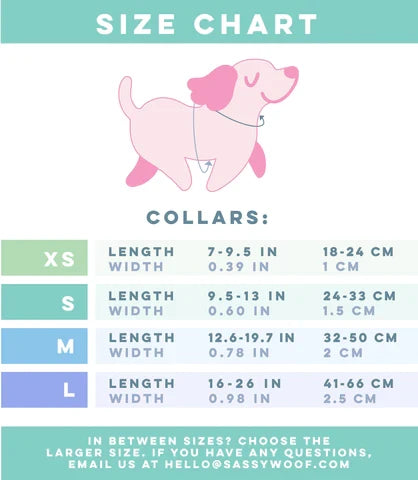 A size chart for Sassy Woof’s STAR WARS™ The Dark Side Collar Three Piece Bundle features a pink cartoon dog above XS, S, M, and L sizes. The color-coded chart lists collar length and width in inches/cm for each size.