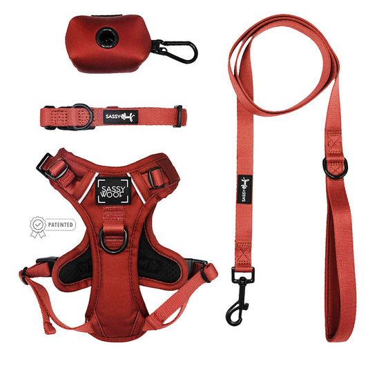 The Sassy Woof Dog Four Piece Bundle in Burgundy includes a harness with front and back clips, a matching collar, leash with black metal clasp, and waste bag holder—all in rust-red and labeled “Sassy Woof.”.