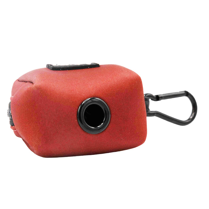 The Sassy Woof Dog Four Piece Bundle - Burgundy includes a red fabric pouch with a black plastic clip and circular opening for dispensing waste bags—ideal for attaching to your dog leash or harness for convenience.