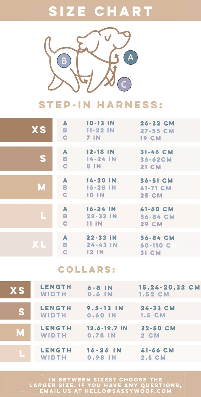 Size chart for Adventure Harness with a dog illustration and measurement details.