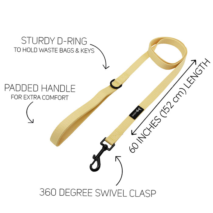 The Sassy Woof Dog Four Piece Bundle - Daffodil features a yellow leash with padded handle, sturdy D-ring for bags and keys, 360° swivel clasp, and a 60-inch (152 cm) length; annotated labels highlight each feature.