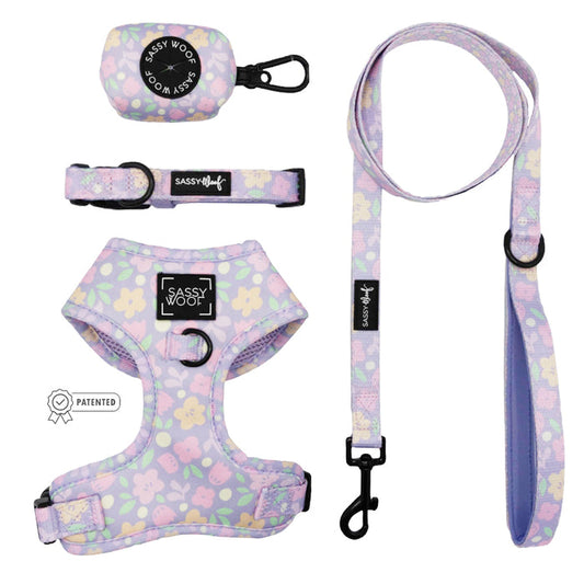 The Dog Four Piece Bundle - Fleur de Sass by Sassy Woof includes a matching harness, leash, collar, and waste bag holder in soft pink, yellow, and purple floral patterns. Adjustable fit; tags display the Sassy Woof brand name.
