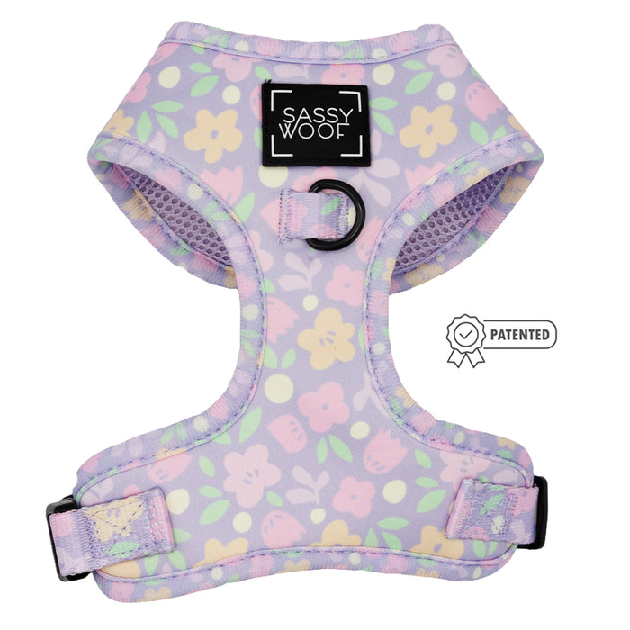 The Sassy Woof Dog Four Piece Bundle - Fleur de Sass includes a pastel, adjustable harness with a floral pattern, black buckles, metal leash ring, Sassy Woof label, and patented badge on the right side.