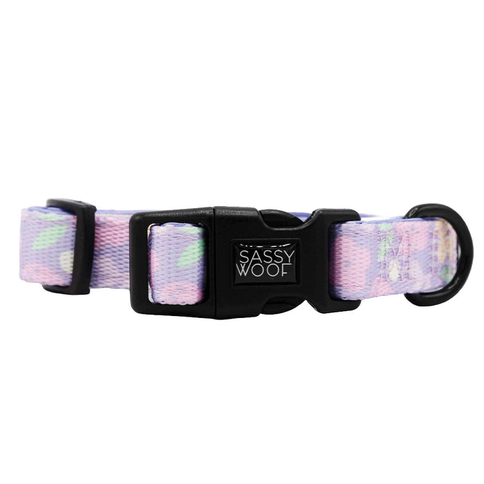 The Sassy Woof Dog Four Piece Bundle - Fleur de Sass includes a pastel collar with black buckle and D-ring, featuring soft purple and pink hues to match the collection’s adjustable harness.