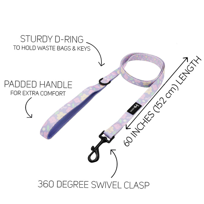 The Sassy Woof Dog Four Piece Bundle in Fleur de Sass includes a pastel paw print leash with padded handle, sturdy D-ring, 360° swivel clasp, and 60" length. Perfect for daily walks—pairs perfectly with an adjustable harness.