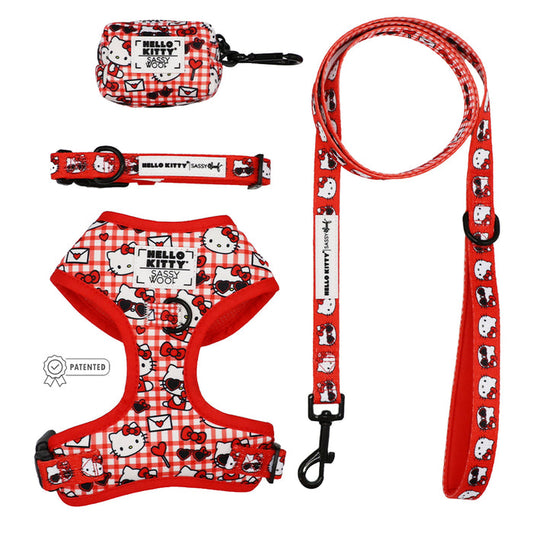 The Sassy Woof Dog Four Piece Bundle - Hello Kitty® Red Classic features a red and white plaid adjustable harness, leash, collar, and pouch with Hello Kitty designs—perfect for any Hello Kitty fan or Valentine!.