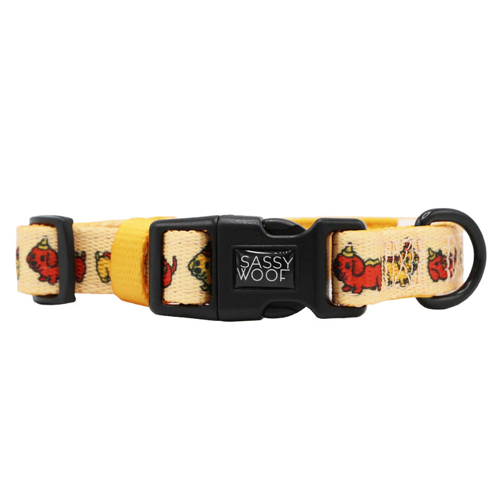 The Sassy Woof Dog Four Piece Bundle - Hot Dawg features a yellow collar with a black buckle, red dog pattern from the weenie-inspired collection, and a black D-ring for leash attachment.