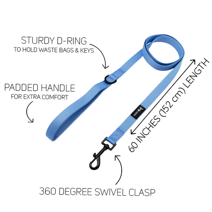 From Sassy Woof’s Hydrangea Dog Four Piece Bundle, this blue leash features pastel colors, a comfy padded handle, sturdy D-ring, 60-inch (152 cm) length, and a 360° swivel clasp.
