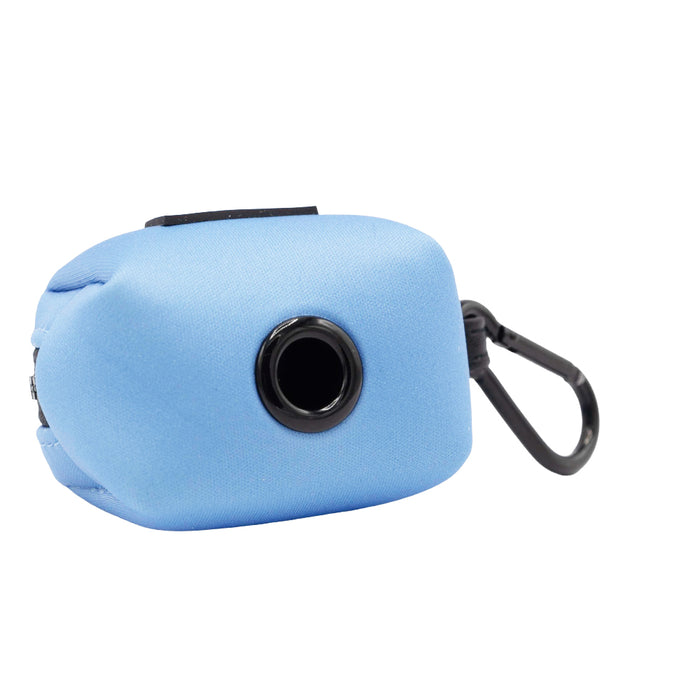 The Sassy Woof Dog Four Piece Bundle - Hydrangea features a light blue rectangular pouch with a black carabiner and circular waste bag dispenser, perfect for stylish cleanup in soft pastel tones.