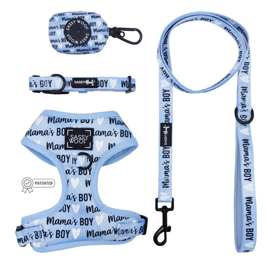 The Sassy Woof Dog Four Piece Bundle - Mama's Boy features a light blue adjustable collar, leash, harness, and waste bag holder with "Mama's Boy" text and white hearts.